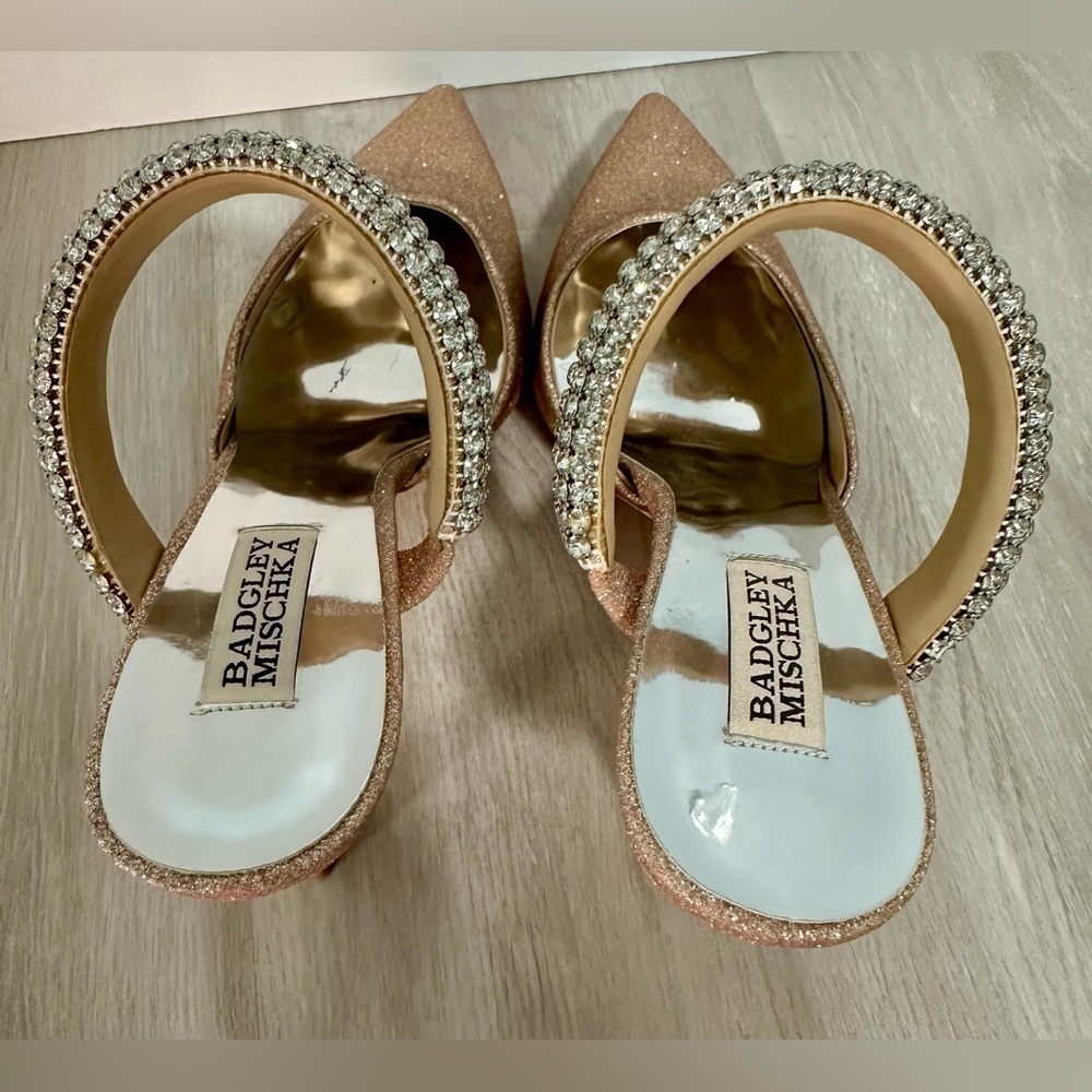 Badgley Mischka Jewel Gold Glitter Jan Strappy Pointed Toe Heels Mule 8 - Picture 11 of 16